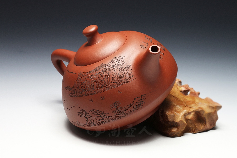 宜兴名家谭晓燕紫砂壶作品《花翎壶(谭泉海刻绘》原矿全手工优惠全场