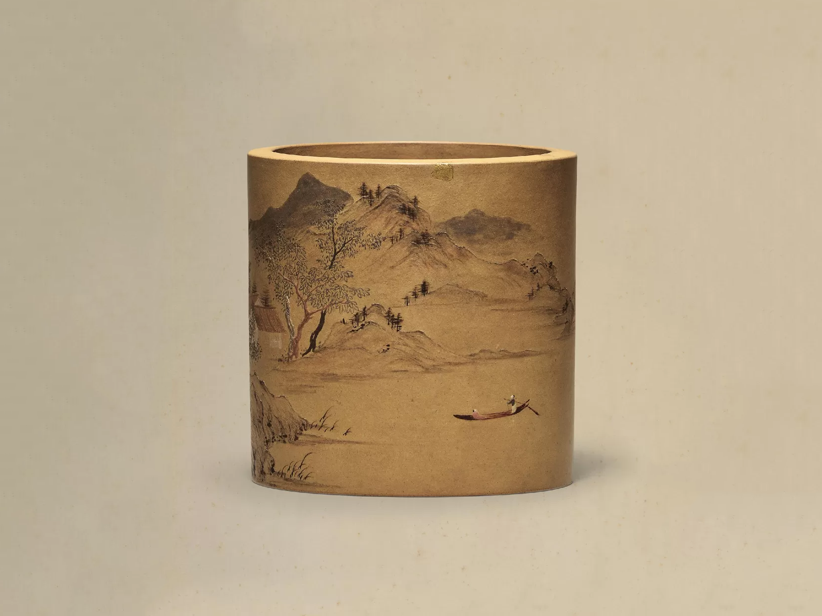 宜興紫砂 原鉱朱泥 大清乾隆年製 金鐘 泥絵山水 紫砂壺 茶壺 急須