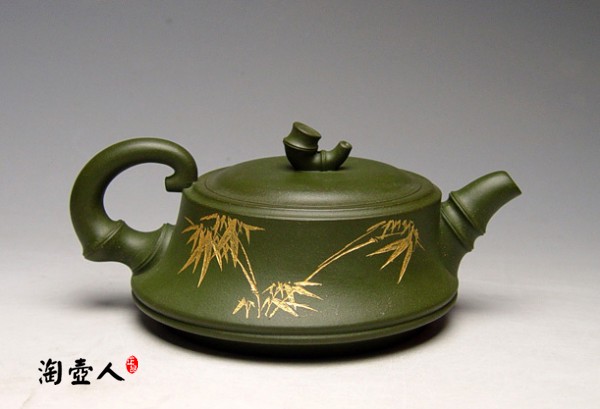 正宗原矿宜兴紫砂壶-一品竹段-朱丹全手工制作-原矿墨绿泥紫砂泥料