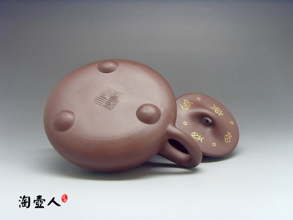 正宗原矿宜兴紫砂壶-石瓢(镶金)-丁小明全手工制作-原矿紫泥紫砂泥料