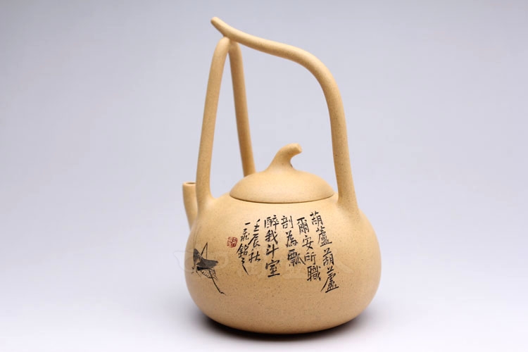 正宗原矿宜兴紫砂壶-提梁葫芦-刘一飞全手工制作-原矿段泥紫砂泥料