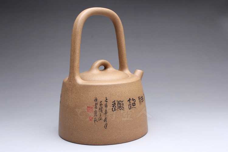 正宗原矿宜兴紫砂壶-曼生提梁(范小君刻)-贺洪梅全手工制作-原矿段泥紫砂泥料