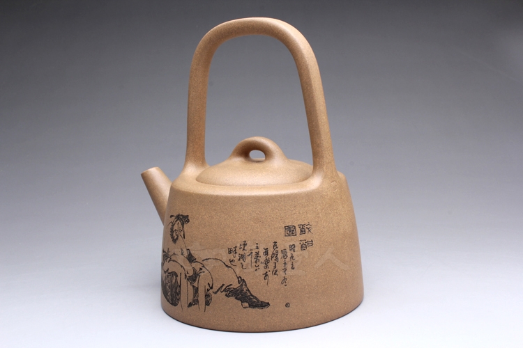 正宗原矿宜兴紫砂壶-曼生提梁(范小君刻)-贺洪梅全手工制作-原矿段泥紫砂泥料