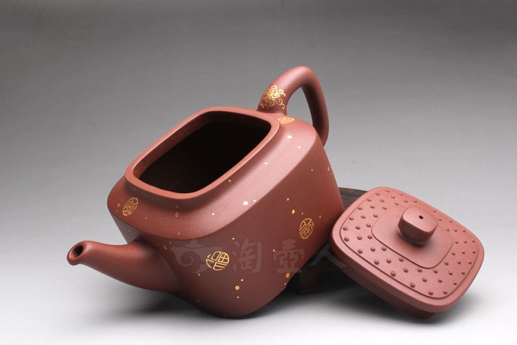 正宗原矿宜兴紫砂壶-四方玉璧描金(大)-周志良全手工制作-原矿底槽清