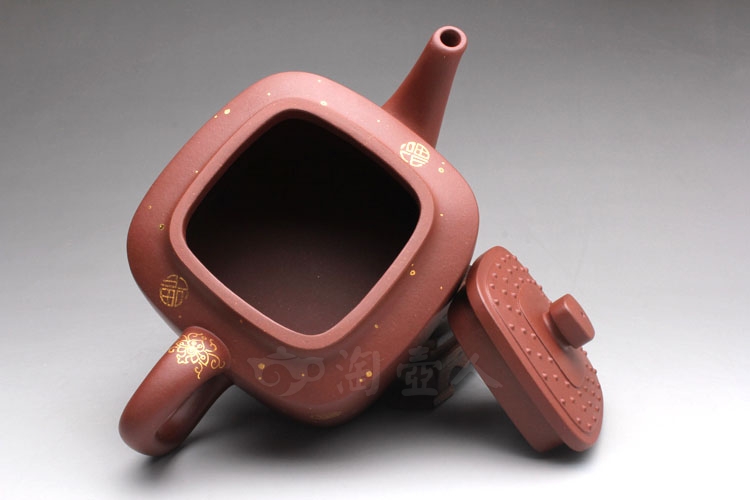 正宗原矿宜兴紫砂壶-四方玉璧描金(大)-周志良全手工制作-原矿底槽清