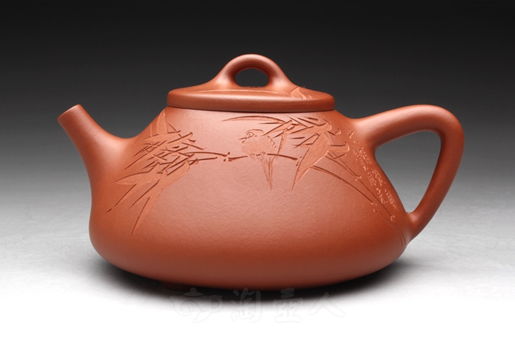 正宗原矿宜兴紫砂壶-朱泥石瓢(竹子)-刘一飞全手工制作-原矿朱泥紫砂泥料