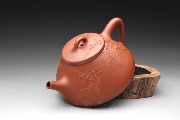 正宗原矿宜兴紫砂壶-朱泥石瓢(竹子)-刘一飞全手工制作-原矿朱泥紫砂泥料