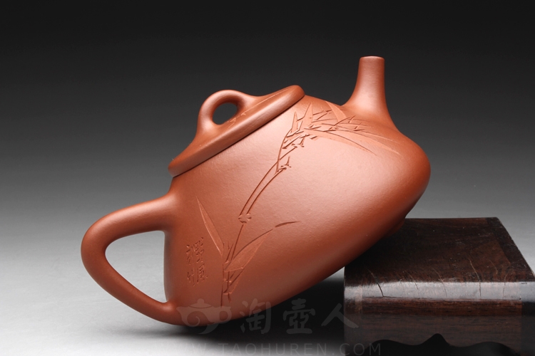 正宗原矿宜兴紫砂壶-朱泥石瓢(竹子)-刘一飞全手工制作-原矿朱泥紫砂泥料