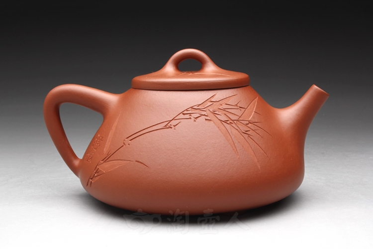 正宗原矿宜兴紫砂壶-朱泥石瓢(竹子)-刘一飞全手工制作-原矿朱泥紫砂泥料