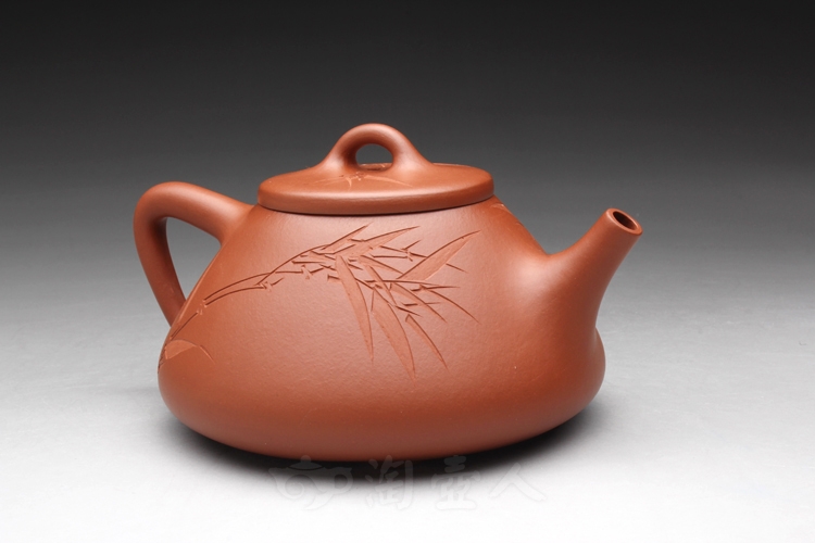 正宗原矿宜兴紫砂壶-朱泥石瓢(竹子)-刘一飞全手工制作-原矿朱泥紫砂泥料