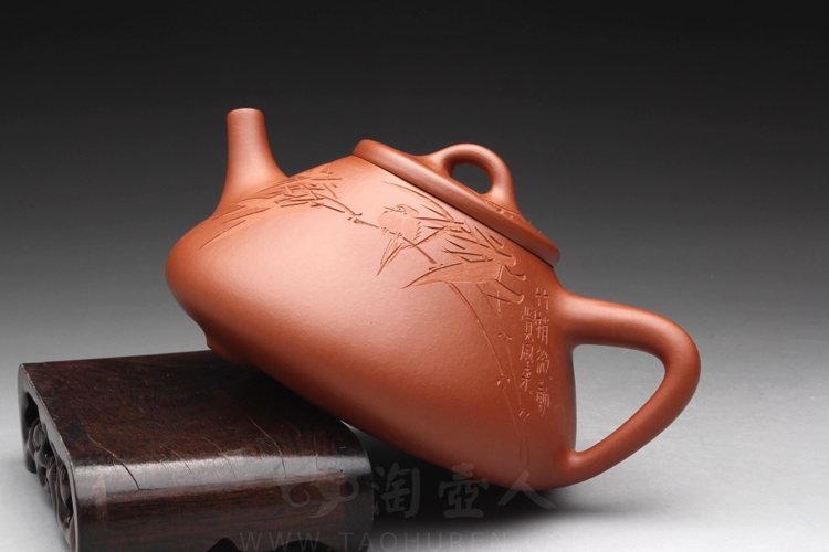 正宗原矿宜兴紫砂壶-朱泥石瓢(竹子)-刘一飞全手工制作-原矿朱泥紫砂泥料