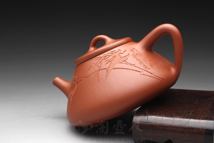 正宗原矿宜兴紫砂壶-朱泥石瓢(竹子)-刘一飞全手工制作-原矿朱泥紫砂泥料