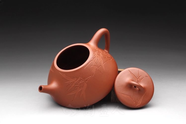 正宗原矿宜兴紫砂壶-朱泥石瓢(竹子)-刘一飞全手工制作-原矿朱泥紫砂泥料