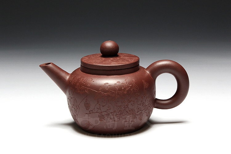 正宗原矿宜兴紫砂壶-古墩【刻百子】-陈顺培全手工制作-原矿底槽清