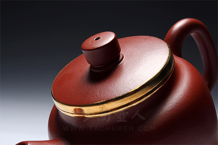 正宗原矿宜兴紫砂壶-金钟(包金)-丁小明全手工制作-原矿朱泥大红袍紫砂泥料