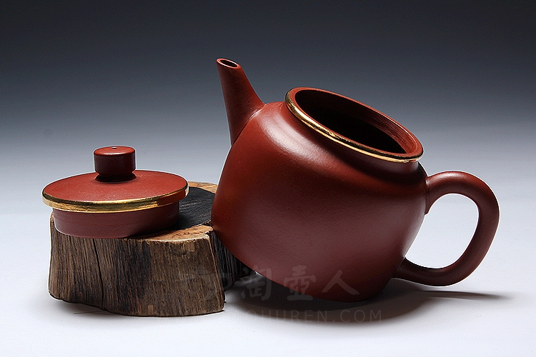 正宗原矿宜兴紫砂壶-金钟(包金)-丁小明全手工制作-原矿朱泥大红袍紫砂泥料