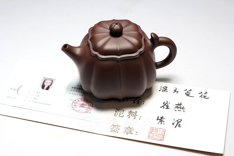 正宗原矿宜兴紫砂壶-混方菱花-崔燕全手工制作-原矿紫泥紫砂泥料