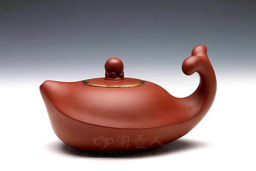 正宗原矿宜兴紫砂壶-子非鱼(包金)-卢宁刚全手工制作-原矿红清水泥紫砂泥料