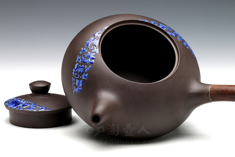 正宗原矿宜兴紫砂壶-曲壶(珐琅彩)-黄丽萍全手工制作-原矿黑拼紫紫砂