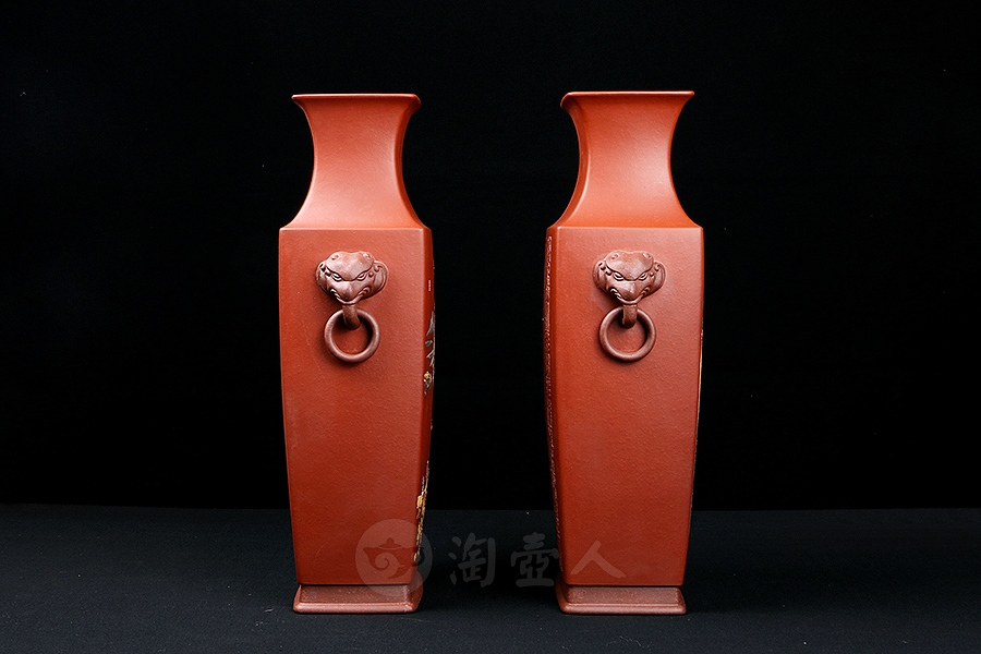 四方博古对瓶(李丹阳泥绘)