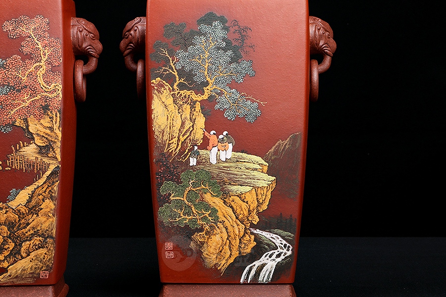 四方博古对瓶(李丹阳泥绘)