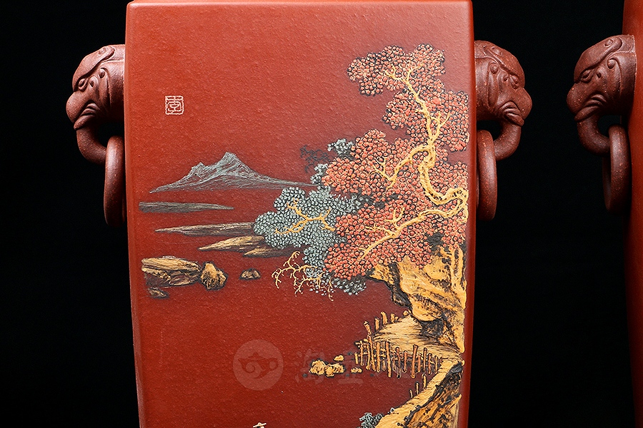 四方博古对瓶(李丹阳泥绘)