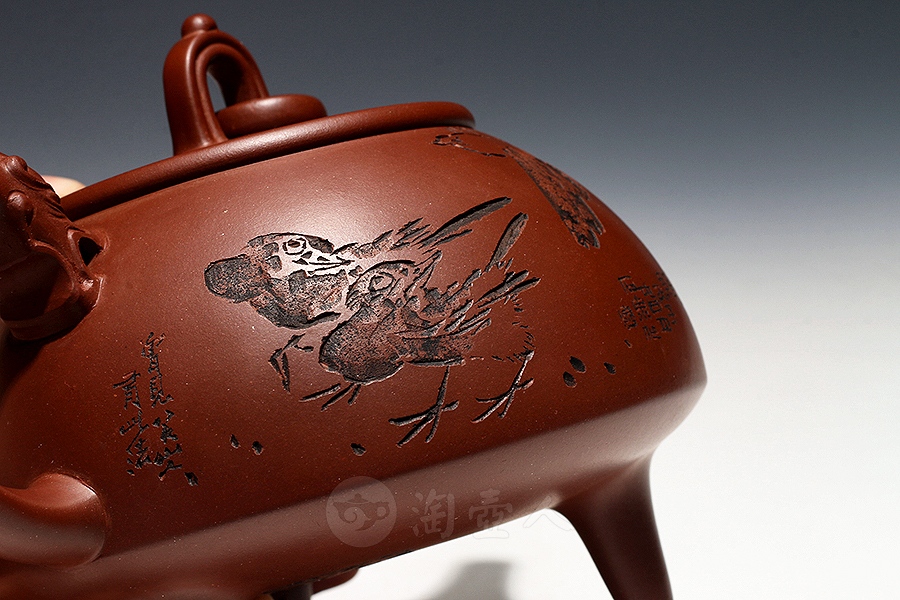 宜兴名家周桂珍紫砂壶作品《环龙三足壶》原矿全手工优惠全场包邮