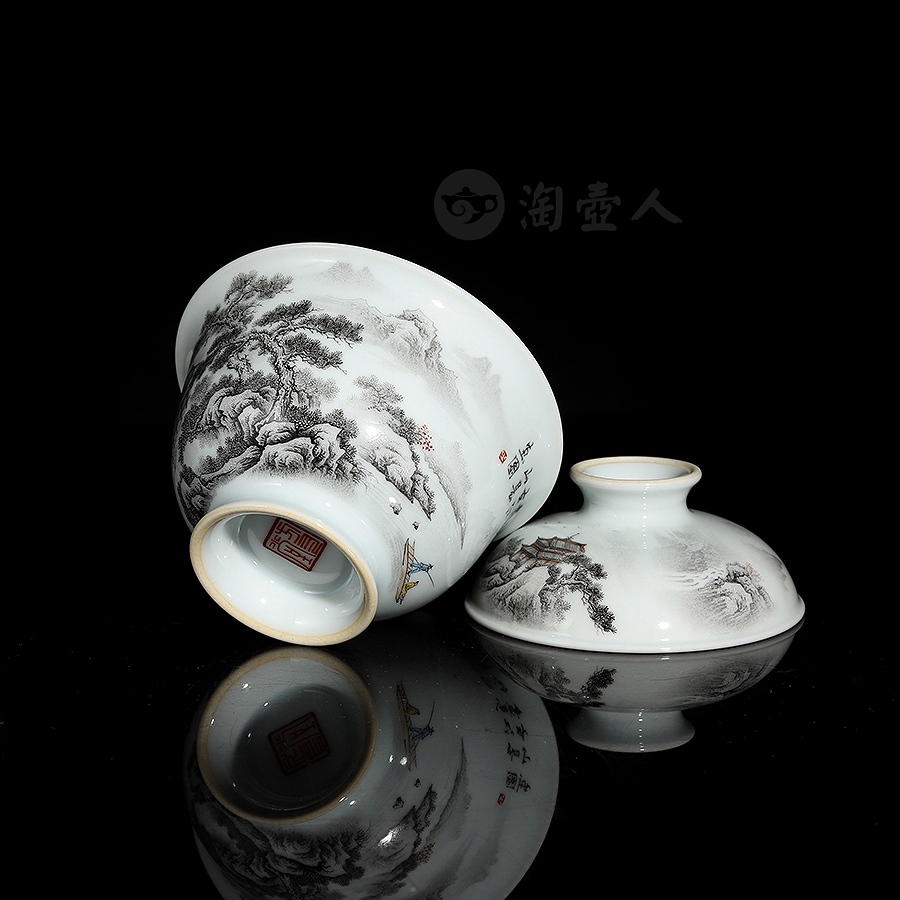 墨彩山水盖碗
