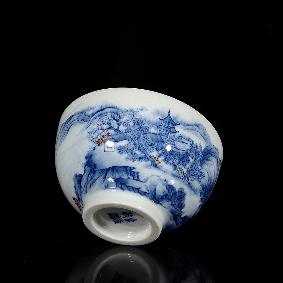 青花釉里红·山水杯