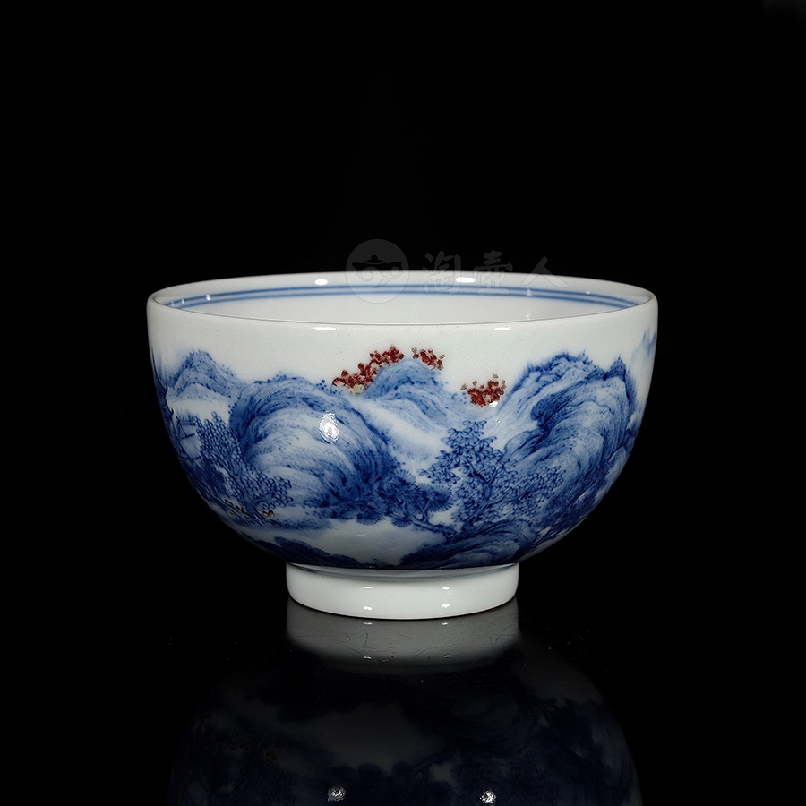 青花釉里红·山水杯