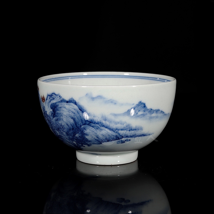 青花釉里红·山水杯