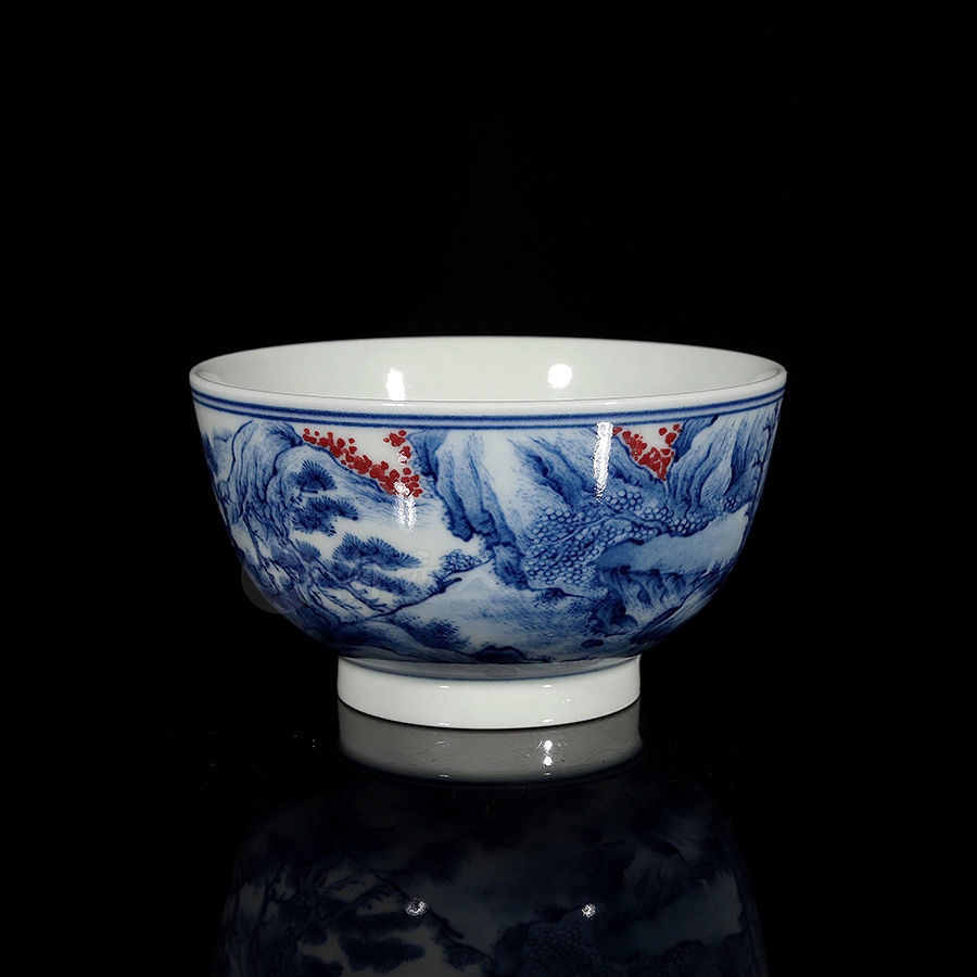 青花釉里红·山水杯