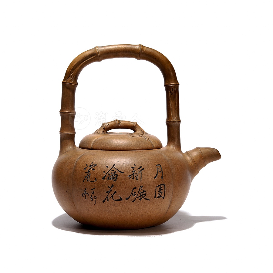 宜兴紫砂壶名家吴云根《柿圆竹节提梁》紫砂壶-大师印章简介-淘壶人