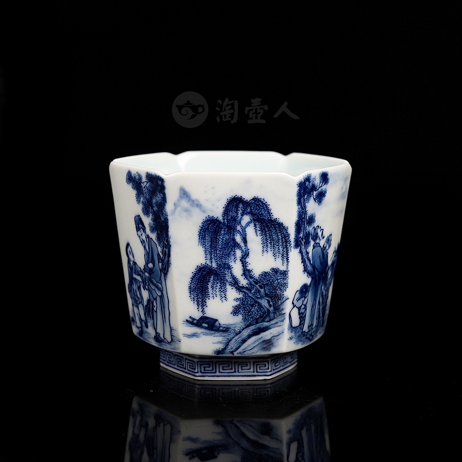 青花人物山水六方杯