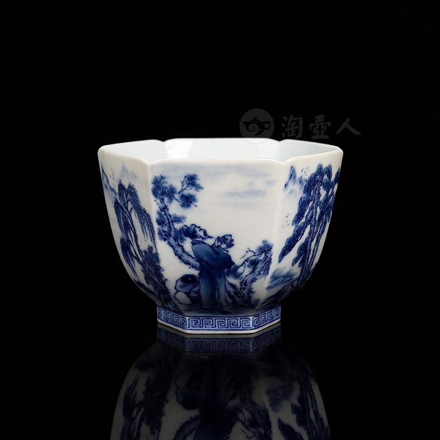 青花人物山水六方杯