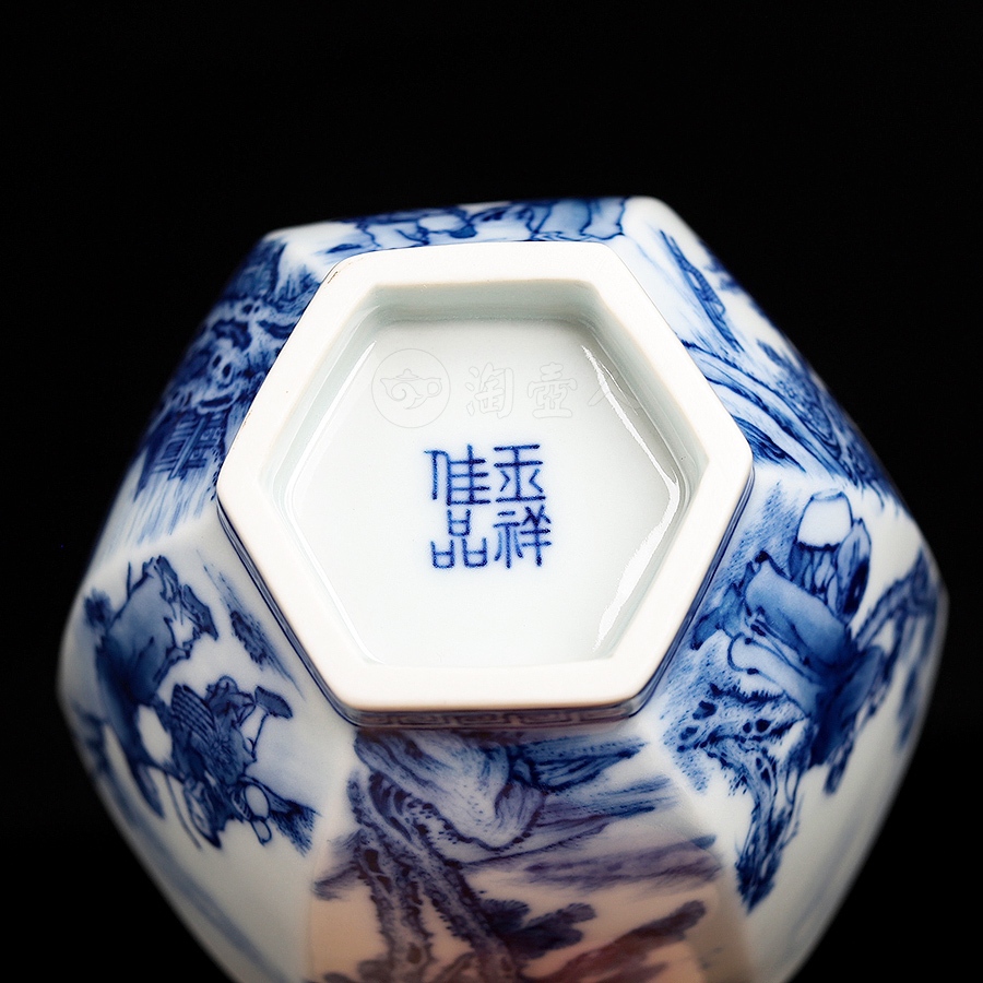 青花人物山水六方杯