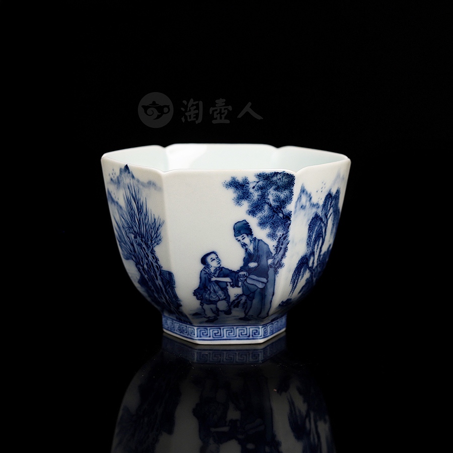 青花人物山水六方杯