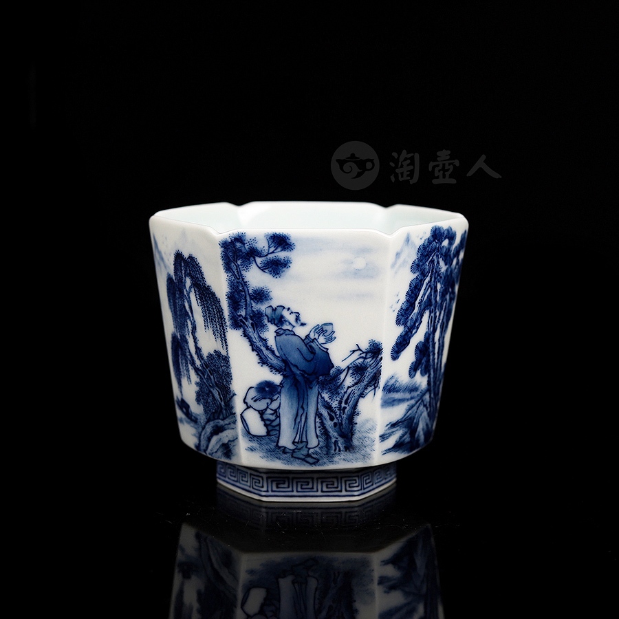 青花人物山水六方杯