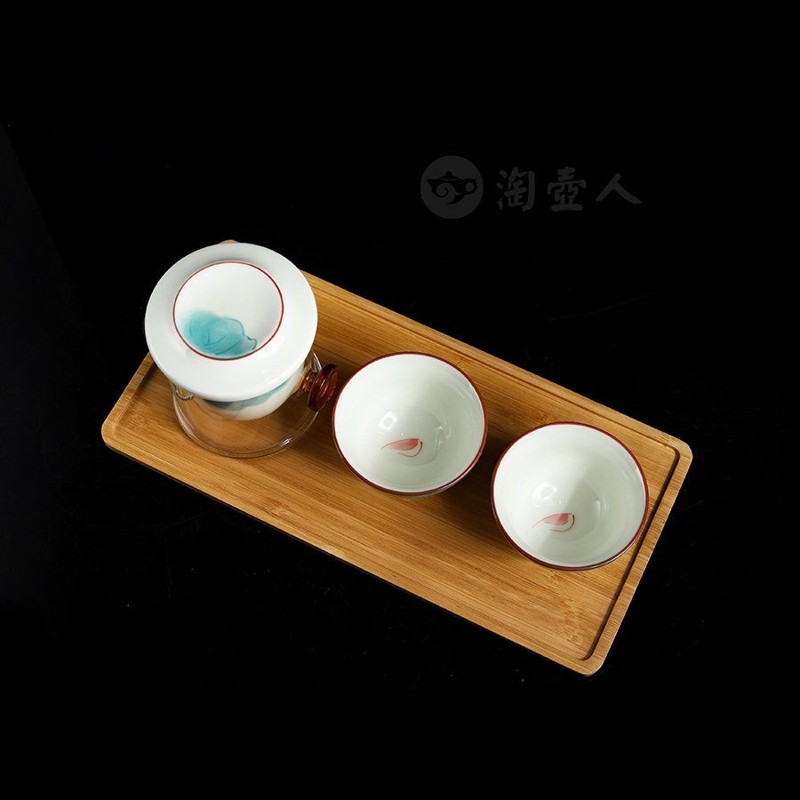 手绘粉青荷红茶泡套组