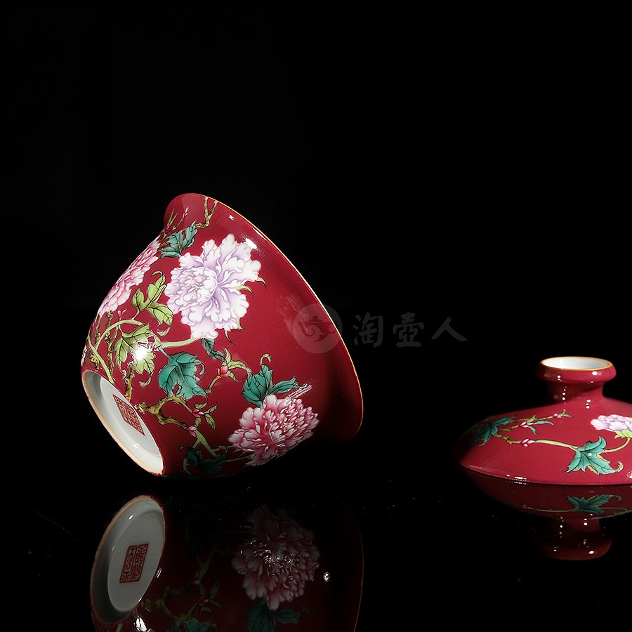 牡丹三才盖碗(胭脂红)