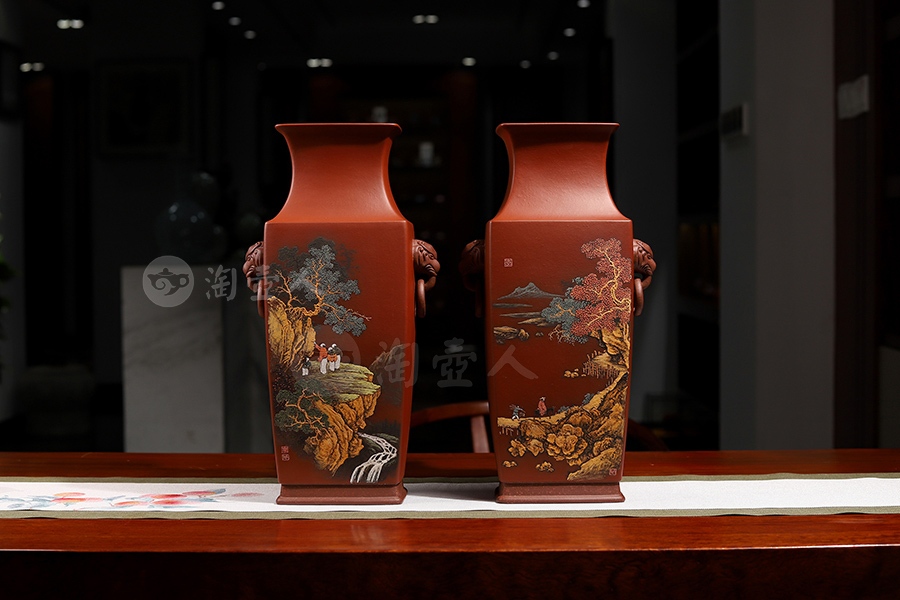 四方博古对瓶(李丹阳泥绘)