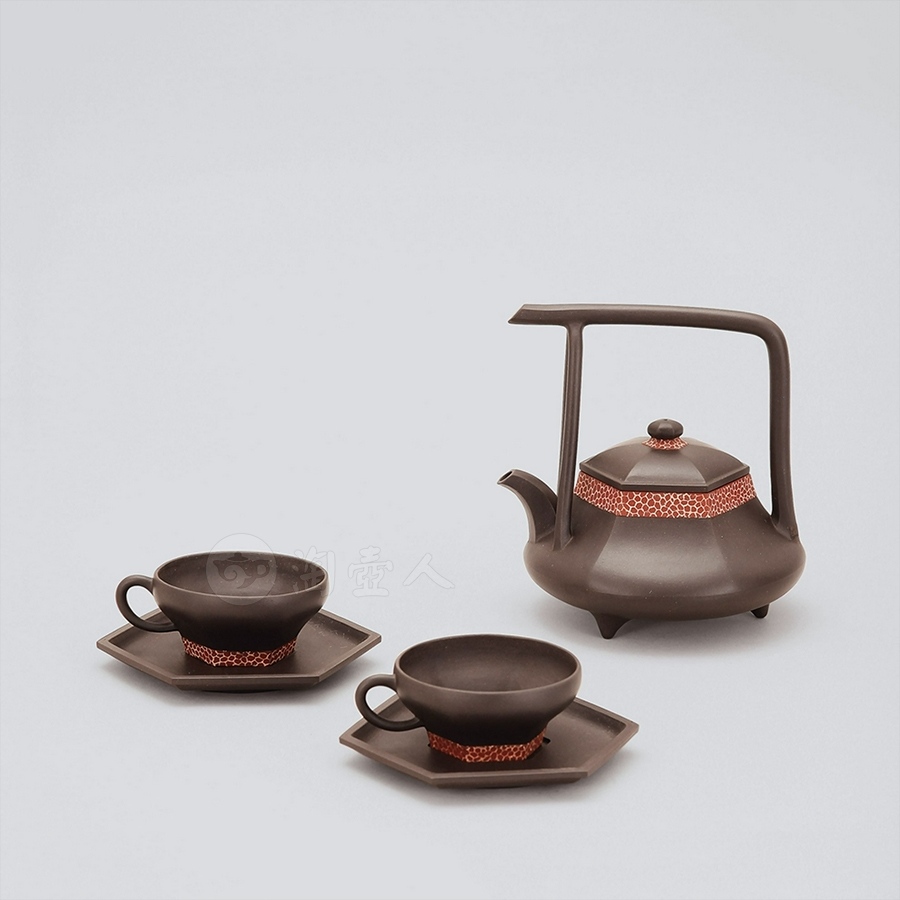 五头提梁花边茶具