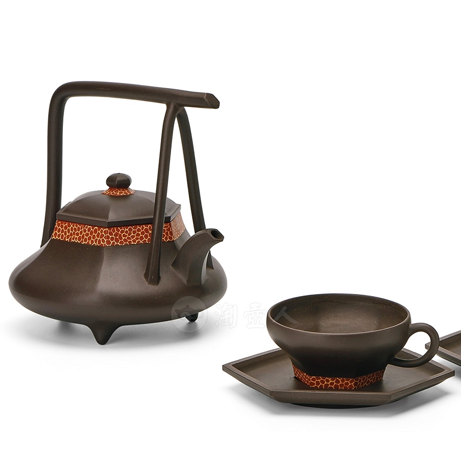 五头提梁花边茶具