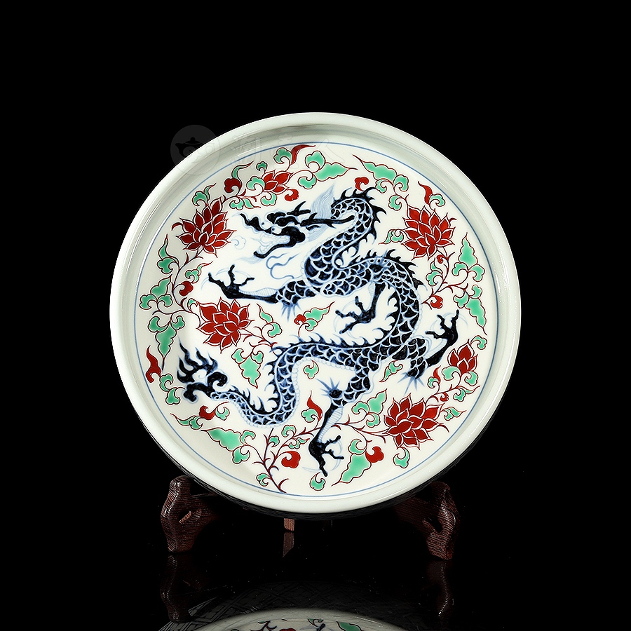 正宗原矿宜兴紫砂壶-青花菱格纹五彩缠枝莲龙纹盘-衍古堂全手工制作-仿古瓷紫砂泥料