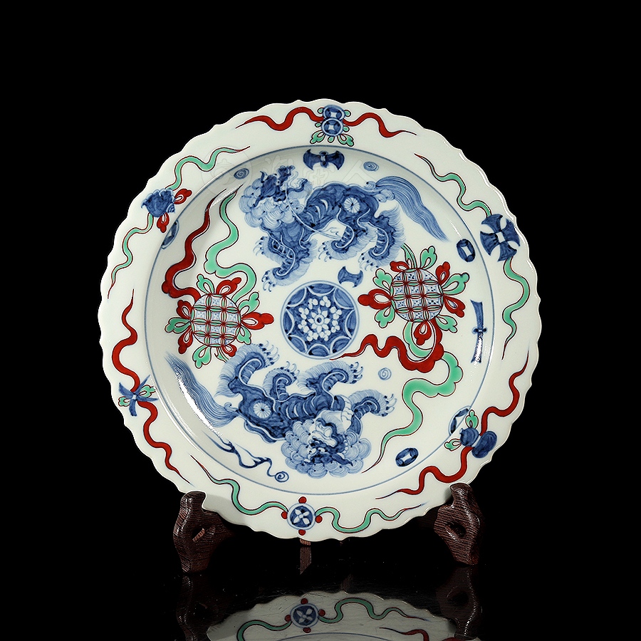 正宗原矿宜兴紫砂壶-青花五彩双狮戏球纹花口盘-衍古堂全手工制作-仿古瓷紫砂泥料