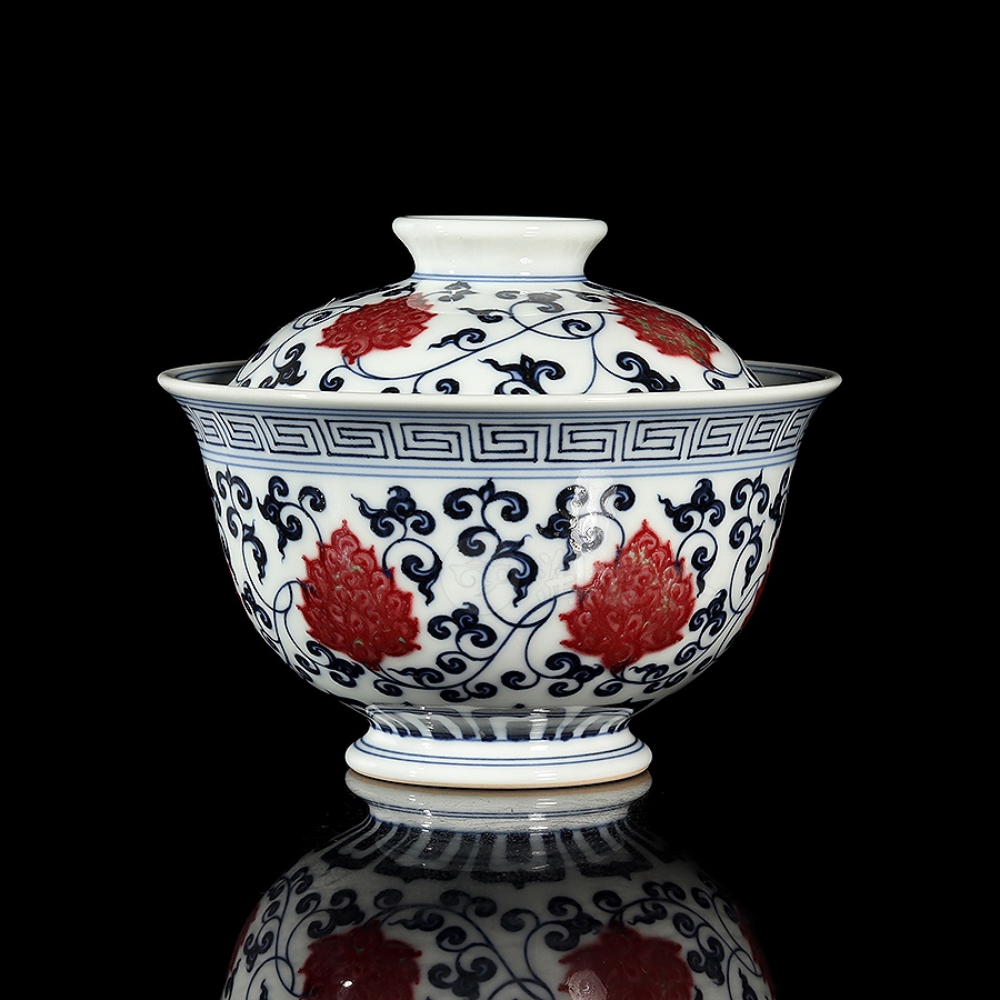 二才盖碗·青花釉里红缠枝莲