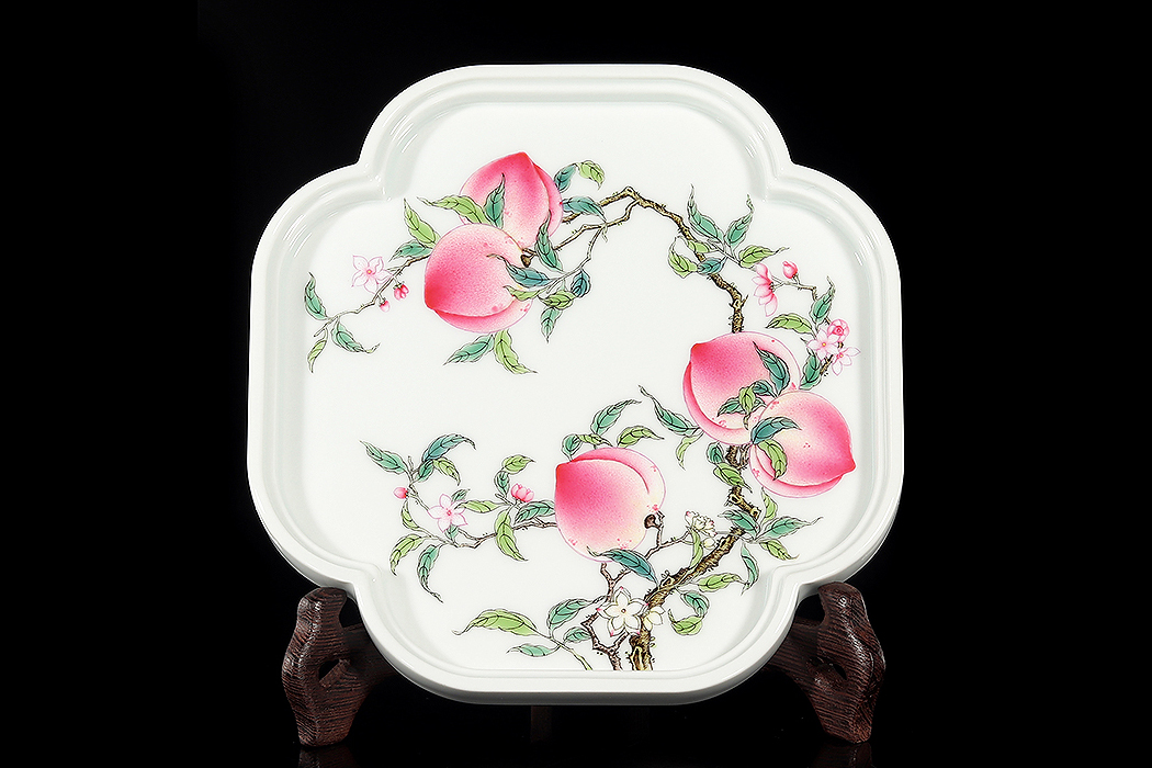 四方抽角寿桃壶承