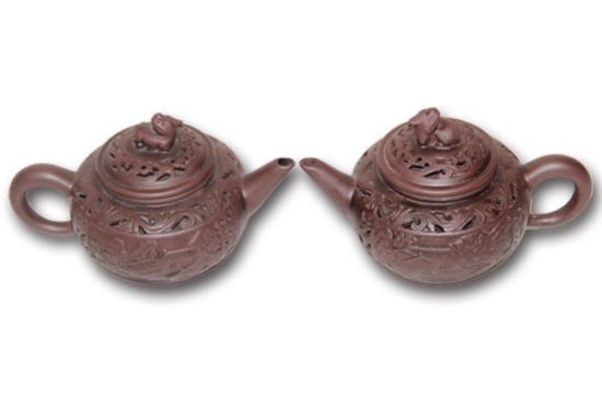 广州宣亦:艺术珍品盛记镂空紫砂壶一对